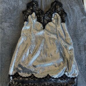 Pretty Little Thing silver metallic lace dress